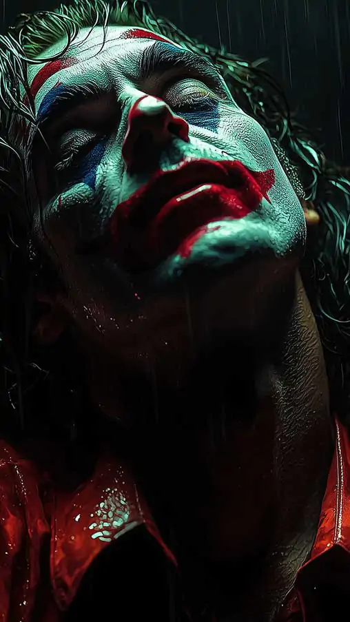 Free Joaquin Phoenix Joker wallpaper 4K in rain, with colors and emotional intensity, for pc and mobile in high resolution HD