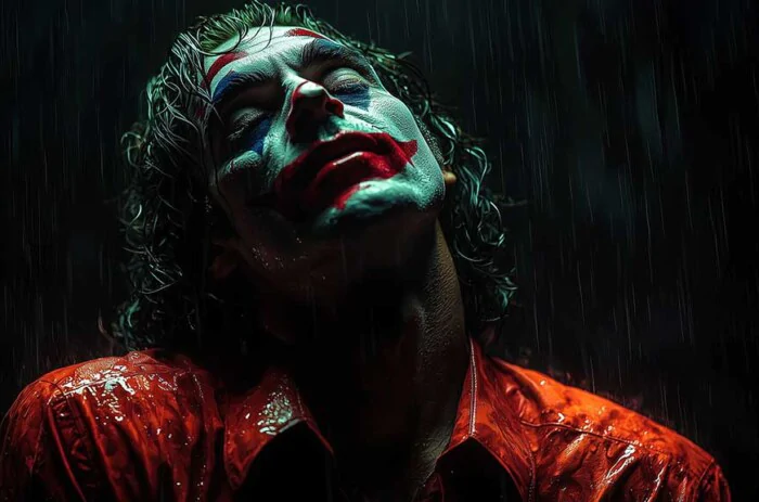 Free Joaquin Phoenix Joker wallpaper 4K in rain, with colors and emotional intensity, for pc and mobile in high resolution HD