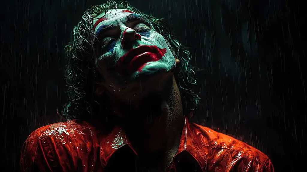 Free Joaquin Phoenix Joker wallpaper 4K in rain, with colors and emotional intensity, for pc and mobile in high resolution HD