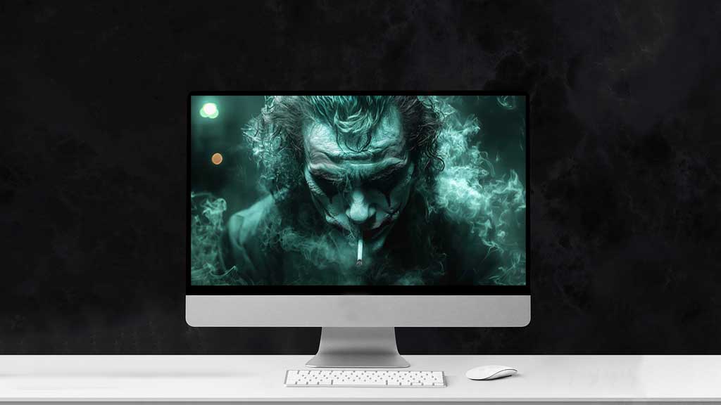 Fond d'écran Joker gratuit 4K avec une lueur verte intense, une fumée tourbillonnante, disponible pour ordinateur de bureau et mobile en haute résolution Ultra HD