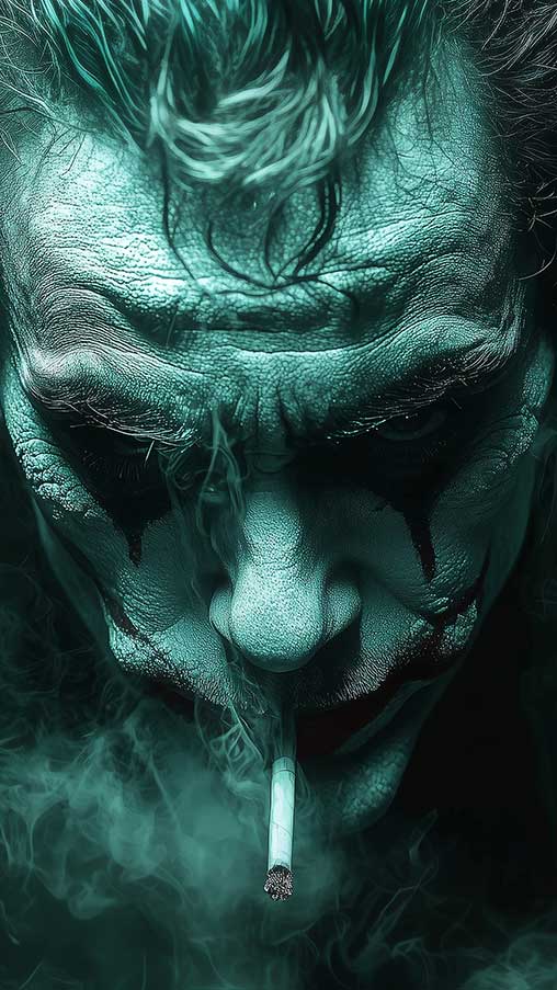 Fond d'écran Joker gratuit 4K avec une lueur verte intense, une fumée tourbillonnante, disponible pour ordinateur de bureau et mobile en haute résolution Ultra HD