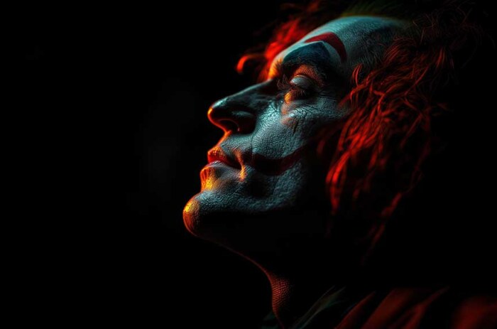Joaquin Phoenix fond d'écran Joker gratuit 4k éclairage orange et vert sur son visage, ultra HD pour bureau et mobile