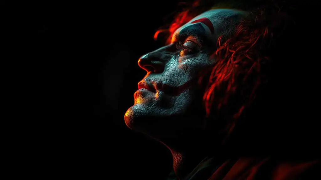 Joaquin Phoenix Free Joker wallpaper 4k dramatic orange and green lighting on his face, ultra HD for desktop and mobile