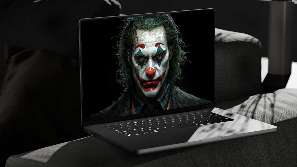 Portrait de Joker fond d'écran clown maquillé avec peinture faciale blanche, accents rouges et cheveux verts sur fond sombre, en HD et 4K