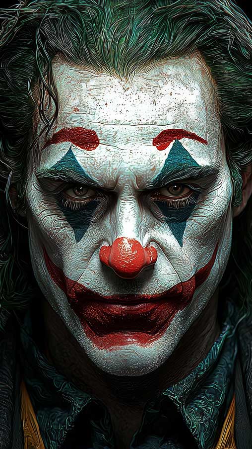 Portrait de Joker fond d'écran clown maquillé avec peinture faciale blanche, accents rouges et cheveux verts sur fond sombre, en HD et 4K