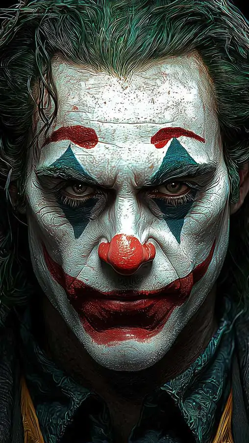 Joker portrait wallpaper clown makeup with white face paint, red accents, and green hair dark background, in HD and 4K