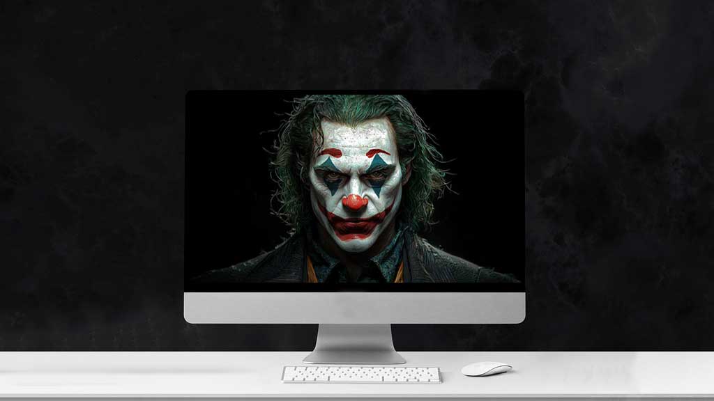 Portrait de Joker fond d'écran clown maquillé avec peinture faciale blanche, accents rouges et cheveux verts sur fond sombre, en HD et 4K