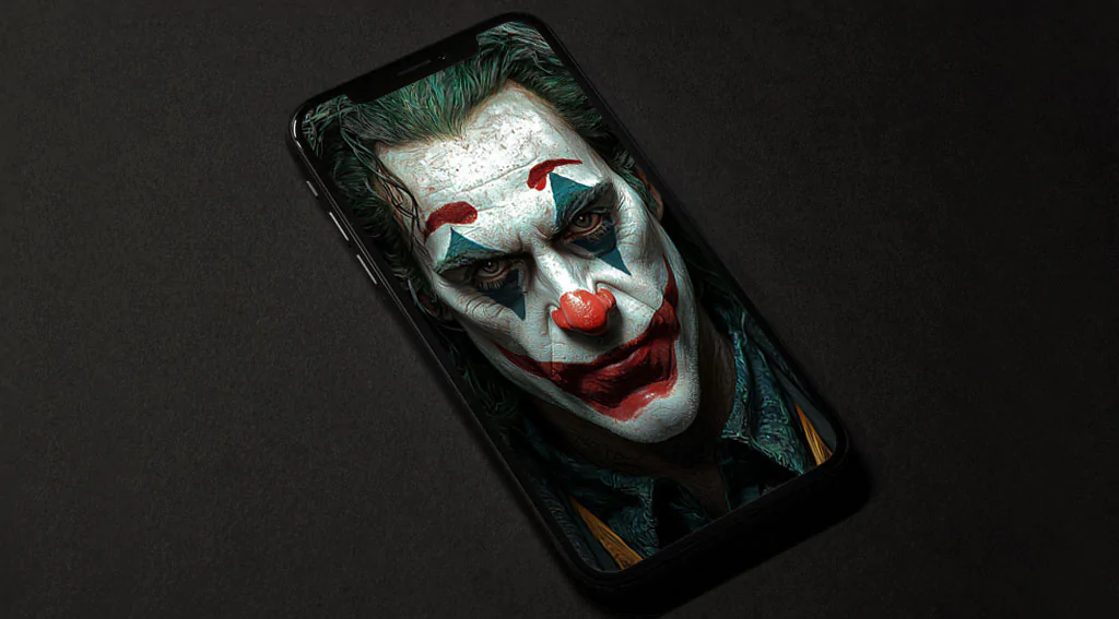 Joker portrait wallpaper clown makeup with white face paint, red accents, and green hair dark background, in HD and 4K