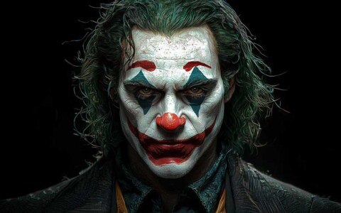 Portrait de Joker fond d'écran clown maquillé avec peinture faciale blanche, accents rouges et cheveux verts sur fond sombre, en HD et 4K