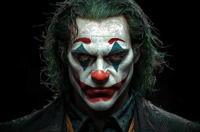 Portrait de Joker fond d'écran clown maquillé avec peinture faciale blanche, accents rouges et cheveux verts sur fond sombre, en HD et 4K