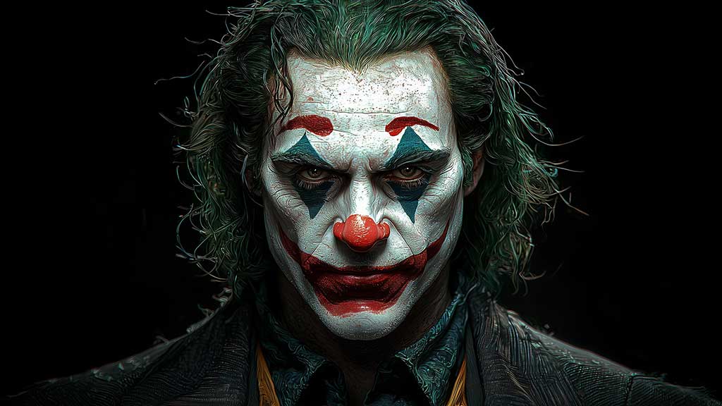 Portrait de Joker fond d'écran clown maquillé avec peinture faciale blanche, accents rouges et cheveux verts sur fond sombre, en HD et 4K