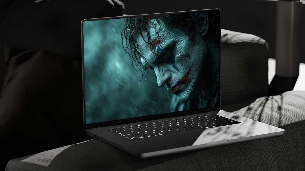 Fond d'écran profilé Joker atmosphérique avec effets de pluie, textures lumineuses et ambiance lunatique, disponible en HD et 4K
