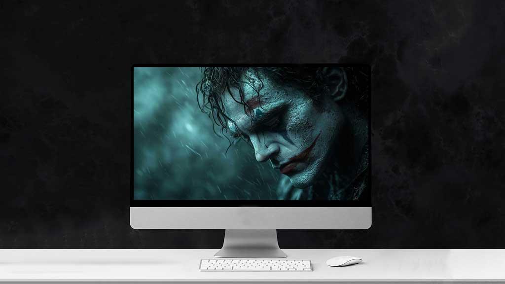 Fond d'écran profilé Joker atmosphérique avec effets de pluie, textures lumineuses et ambiance lunatique, disponible en HD et 4K