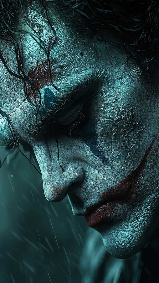Fond d'écran profilé Joker atmosphérique avec effets de pluie, textures lumineuses et ambiance lunatique, disponible en HD et 4K