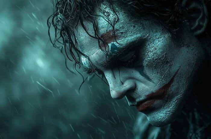 Fond d'écran profilé Joker atmosphérique avec effets de pluie, textures lumineuses et ambiance lunatique, disponible en HD et 4K