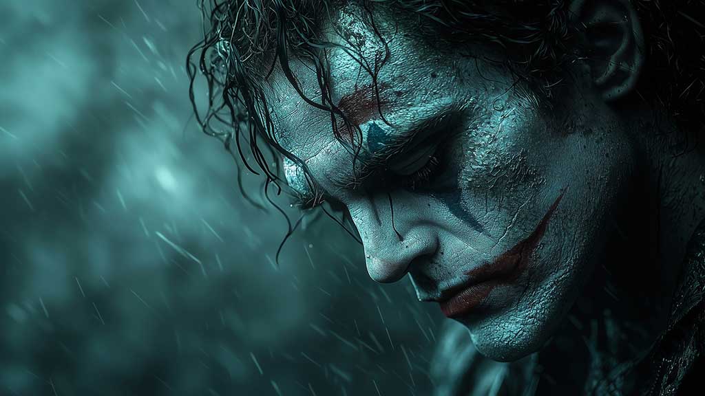 Fond d'écran profilé Joker atmosphérique avec effets de pluie, textures lumineuses et ambiance lunatique, disponible en HD et 4K