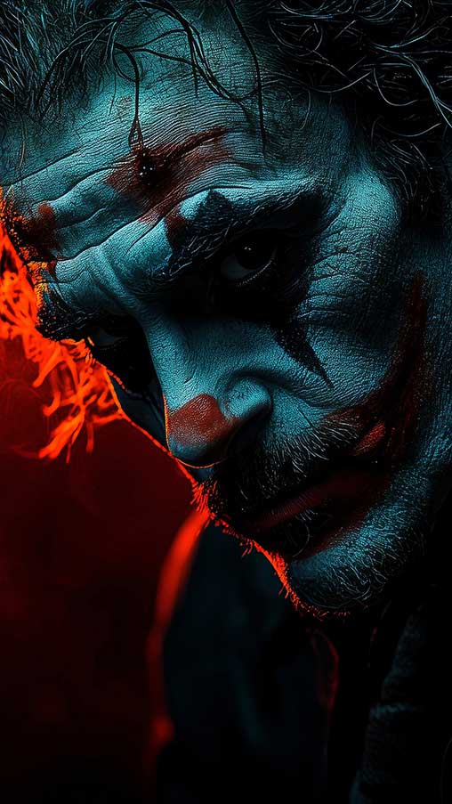 Fond d'écran dramatique du profil du Joker avec éclairage cyan et rouge, traits du visage détaillés et arrière-plan bokeh, en HD et 4K