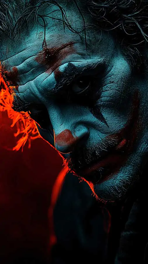 Dramatic Joker profile wallpaper with cyan and red lighting detailed facial features and bokeh background, in HD and 4K