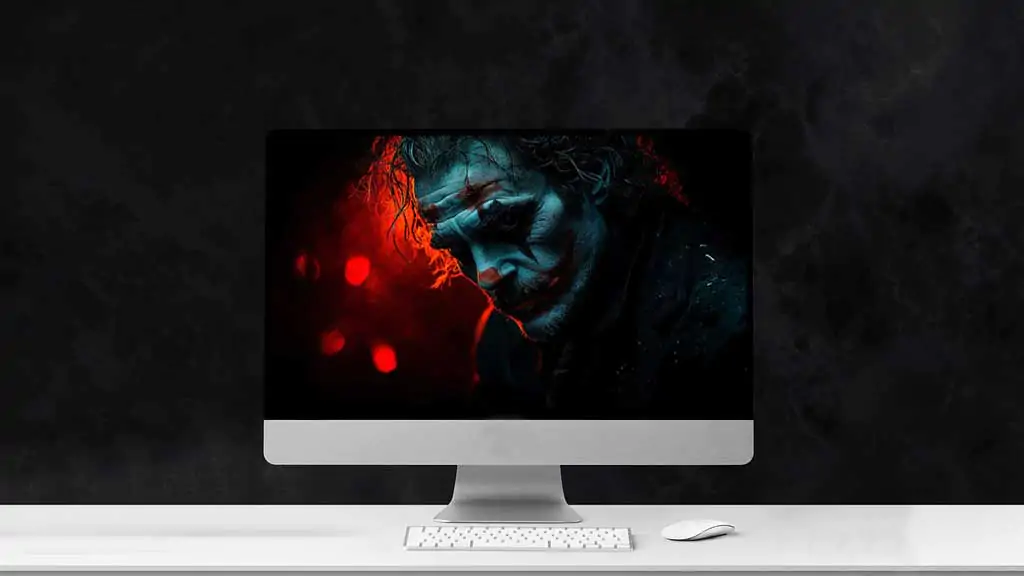 Dramatic Joker profile wallpaper with cyan and red lighting detailed facial features and bokeh background, in HD and 4K