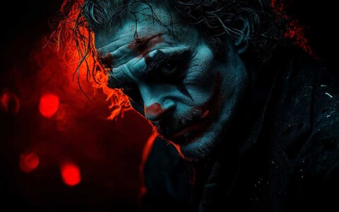 Fond d'écran dramatique du profil du Joker avec éclairage cyan et rouge, traits du visage détaillés et arrière-plan bokeh, en HD et 4K