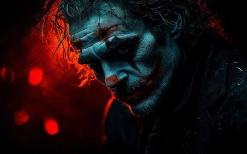 Dramatic Joker profile wallpaper with cyan and red lighting detailed facial features and bokeh background, in HD and 4K