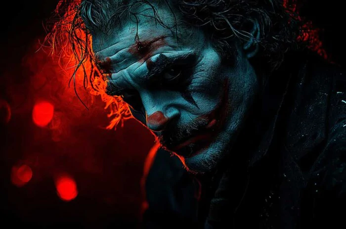 Fond d'écran dramatique du profil du Joker avec éclairage cyan et rouge, traits du visage détaillés et arrière-plan bokeh, en HD et 4K