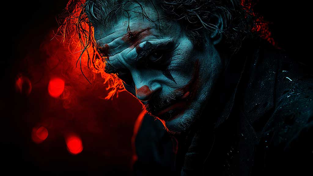 Fond d'écran dramatique du profil du Joker avec éclairage cyan et rouge, traits du visage détaillés et arrière-plan bokeh, en HD et 4K
