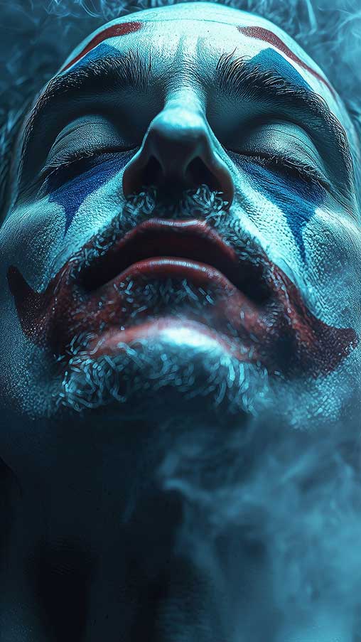 Fond d'écran éthéré du Joker avec des effets de fumée turquoise et montrant un maquillage détaillé et un éclairage d'ambiance, disponible en résolution HD et 4K