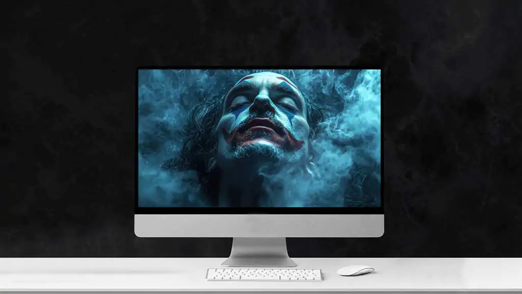 Joker wallpaper with smoke effects and detailed makeup atmospheric lighting, in HD and 4K