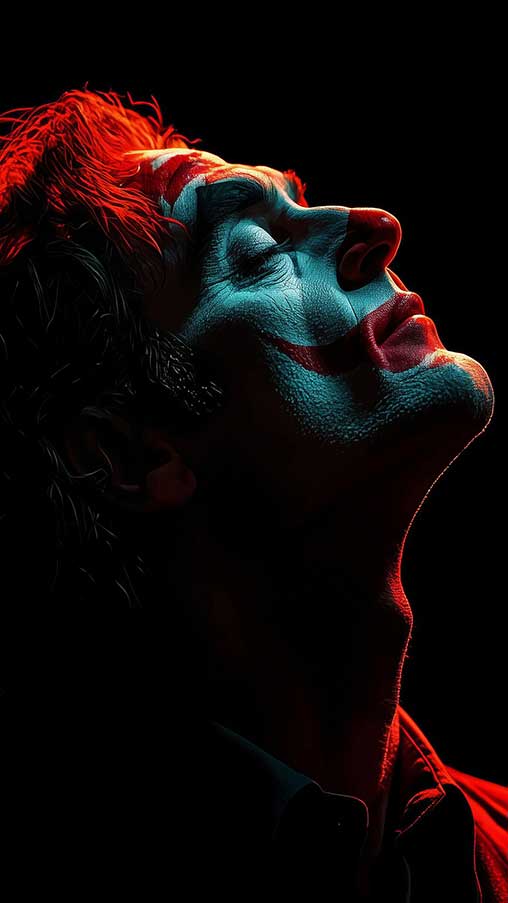 Portrait artistique et dramatique du Joker, fond d'écran 4K avec éclairage rouge sur fond noir, art numérique en haute résolution pour ordinateur et téléphone portable.