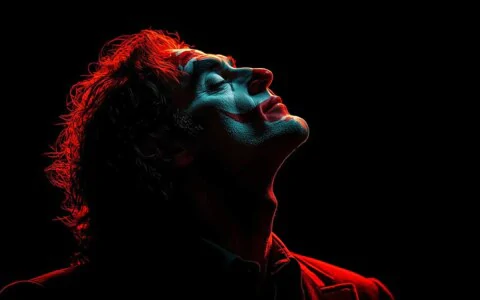 Artistic dramatic portrait Joker wallpaper 4K with red rim lighting against black background, high resolution digital art for desktop and mobile