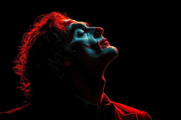 Portrait artistique et dramatique du Joker, fond d'écran 4K avec éclairage rouge sur fond noir, art numérique en haute résolution pour ordinateur et téléphone portable.