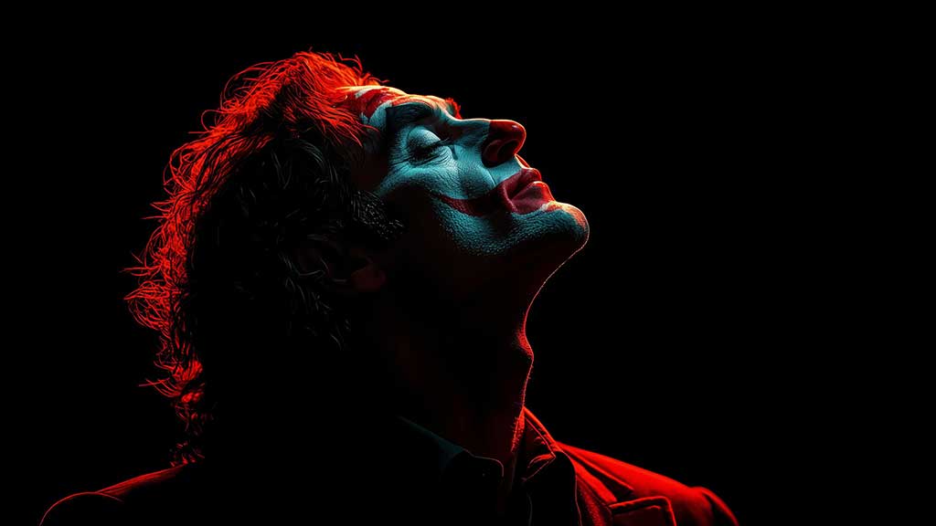 Portrait artistique et dramatique du Joker, fond d'écran 4K avec éclairage rouge sur fond noir, art numérique en haute résolution pour ordinateur et téléphone portable.