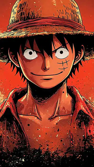 Fond d'écran de scène d'attaque dynamique One Piece Luffy 4K avec effets de feu et énergie explosive dans un style d'art anime ultra HD téléchargement gratuit pour téléphone mobile et iPhone