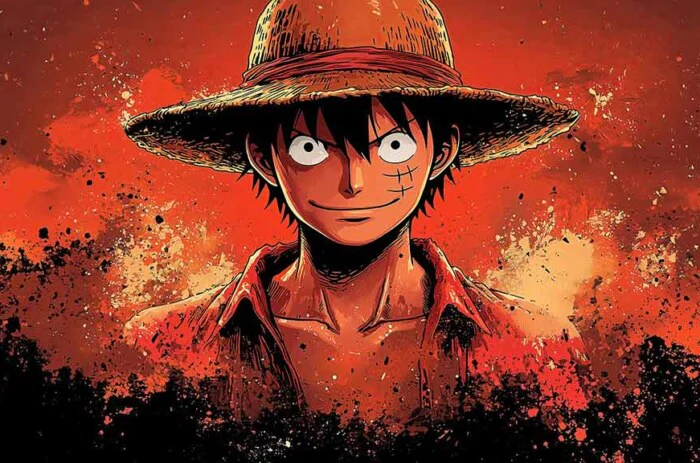 Fond d'écran de scène d'attaque dynamique One Piece Luffy 4K avec effets de feu et énergie explosive dans un style d'art anime ultra HD téléchargement gratuit pour téléphone mobile et iPhone