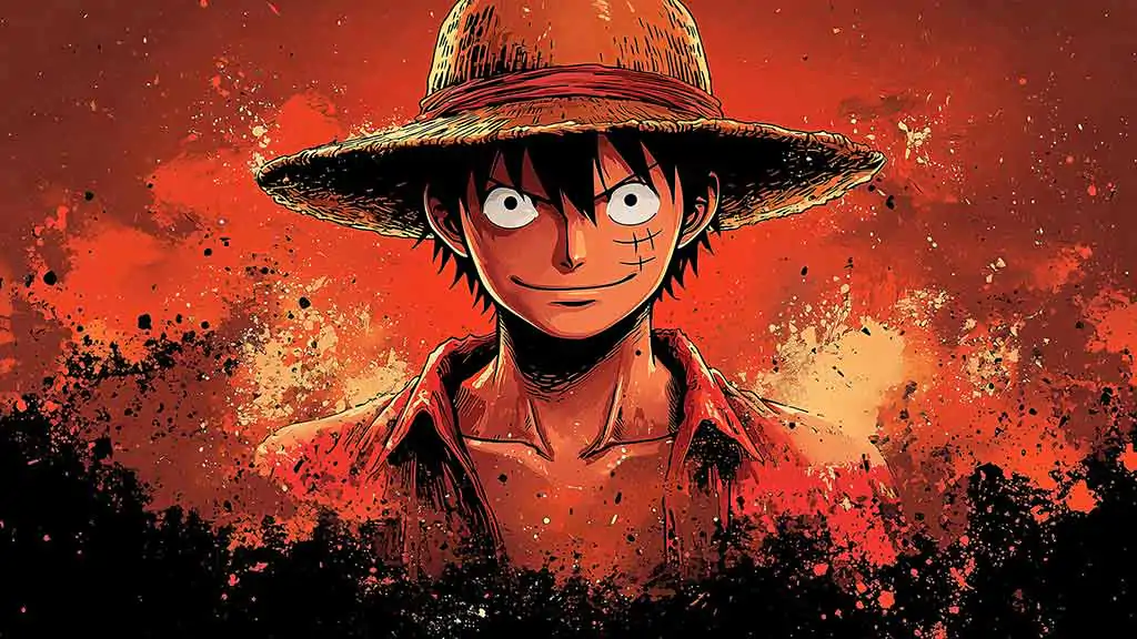 Fond d'écran de scène d'attaque dynamique One Piece Luffy 4K avec effets de feu et énergie explosive dans un style d'art anime ultra HD téléchargement gratuit pour téléphone mobile et iPhone