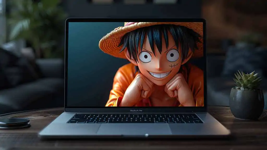 Fond d'écran 4k de la figurine de Monkey D. Luffy en 3D avec son sourire et son chapeau de paille dans les moindres détails sur fond sombre.