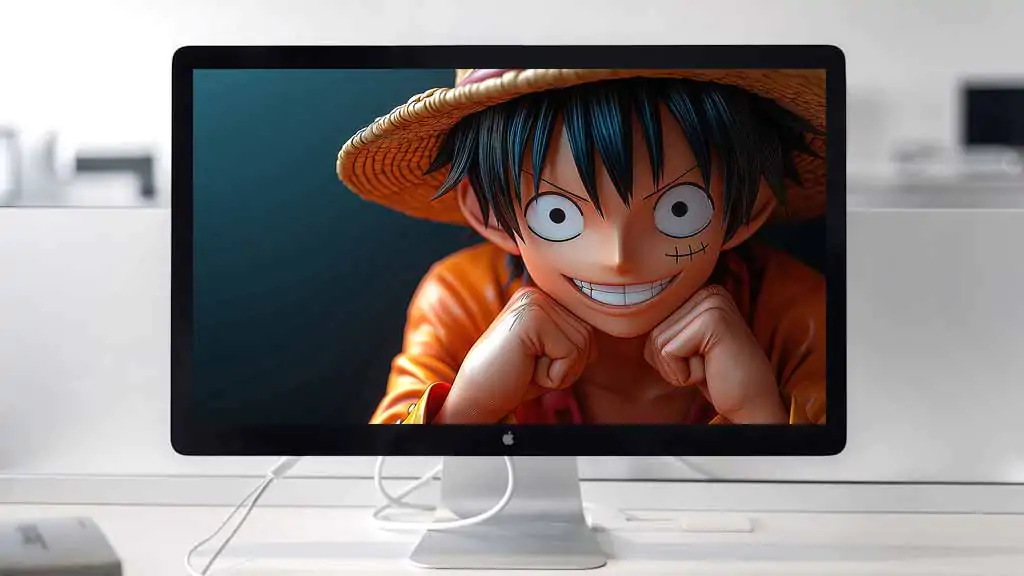 Fond d'écran 4k de la figurine de Monkey D. Luffy en 3D avec son sourire et son chapeau de paille dans les moindres détails sur fond sombre.