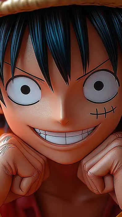 3D rendered Monkey D. Luffy figurine wallpaper 4k showing his signature smile and straw hat in high detail against dark background free donwload