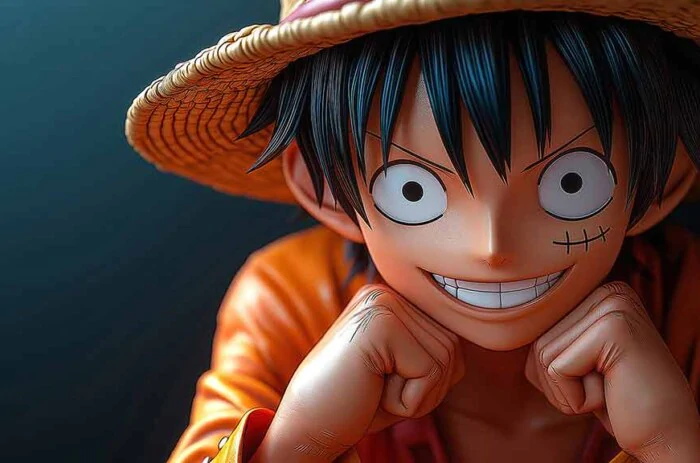 Fond d'écran 4k de la figurine de Monkey D. Luffy en 3D avec son sourire et son chapeau de paille dans les moindres détails sur fond sombre.