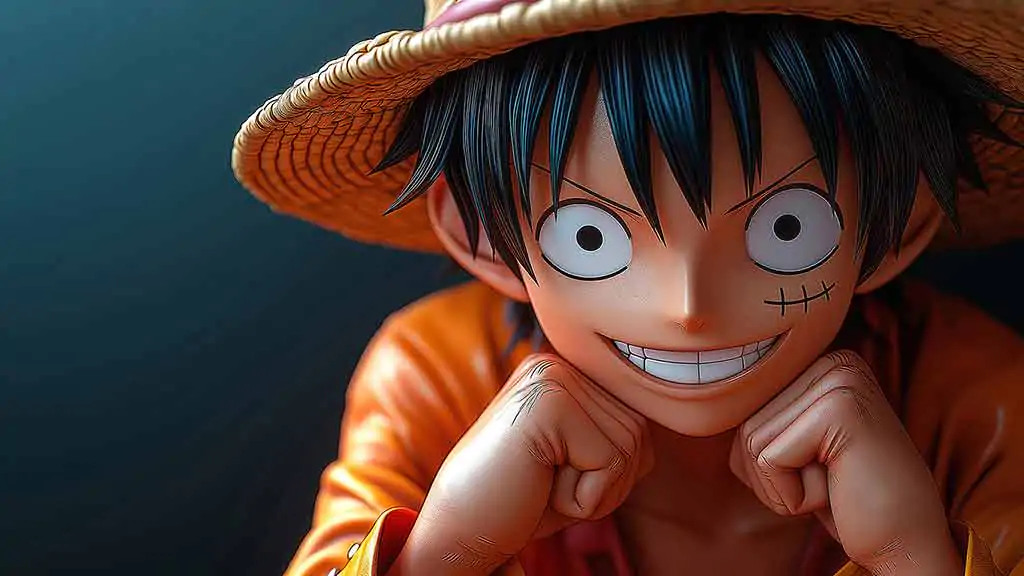 Fond d'écran 4k de la figurine de Monkey D. Luffy en 3D avec son sourire et son chapeau de paille dans les moindres détails sur fond sombre.