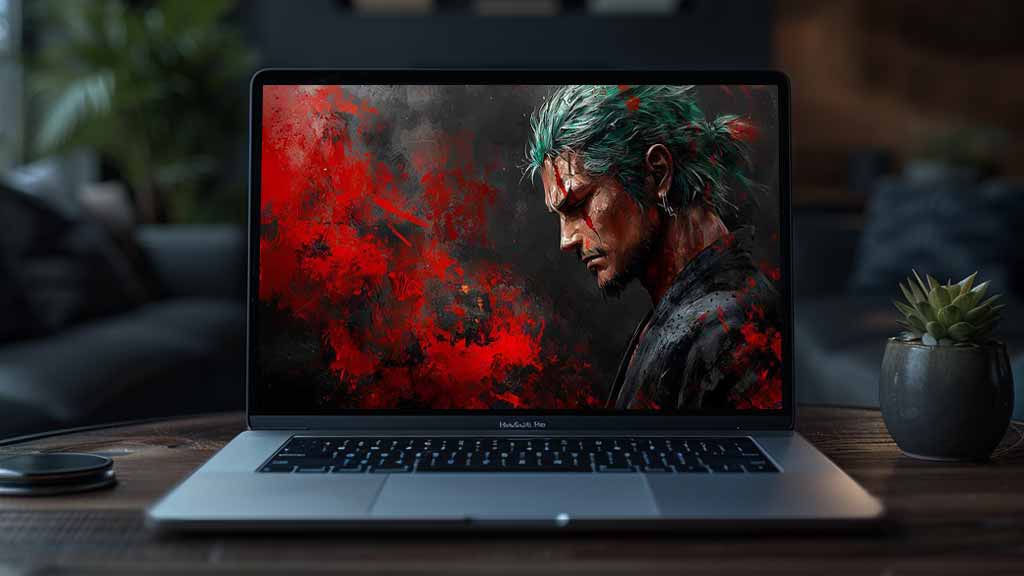 Roronoa Zoro dans un fond d'écran dramatique et pictural 4k avec des éclaboussures de rouge et des tons sombres, de One Piece, fond d'écran HD gratuit pour pc et téléphone portable.
