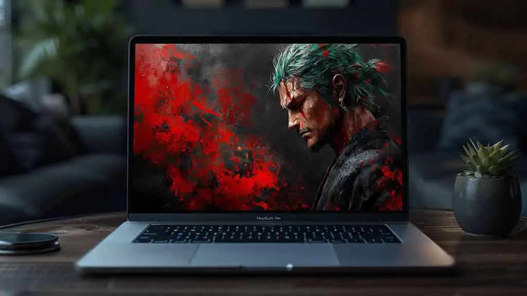 Roronoa Zoro dans un fond d'écran dramatique et pictural 4k avec des éclaboussures de rouge et des tons sombres, de One Piece, fond d'écran HD gratuit pour pc et téléphone portable.