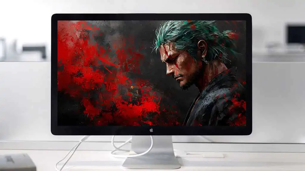 Roronoa Zoro dans un fond d'écran dramatique et pictural 4k avec des éclaboussures de rouge et des tons sombres, de One Piece, fond d'écran HD gratuit pour pc et téléphone portable.