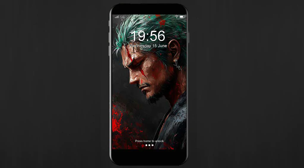 Roronoa Zoro in a dramatic, painterly wallpaper 4k featuring splashes of red and dark tones, from One Piece, HD Background free for pc & mobile phone.