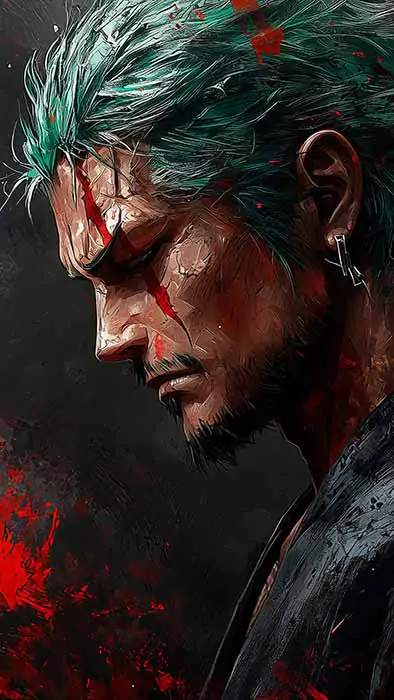 Roronoa Zoro dans un fond d'écran dramatique et pictural 4k avec des éclaboussures de rouge et des tons sombres, de One Piece, fond d'écran HD gratuit pour pc et téléphone portable.