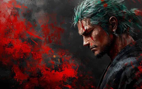 Roronoa Zoro dans un fond d'écran dramatique et pictural 4k avec des éclaboussures de rouge et des tons sombres, de One Piece, fond d'écran HD gratuit pour pc et téléphone portable.