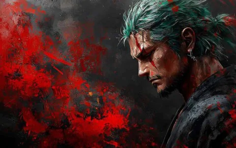 Roronoa Zoro in a dramatic, painterly wallpaper 4k featuring splashes of red and dark tones, from One Piece, HD Background free for pc & mobile phone.