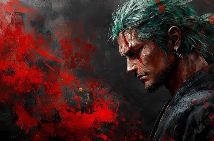 Roronoa Zoro in a dramatic, painterly wallpaper 4k featuring splashes of red and dark tones, from One Piece, HD Background free for pc & mobile phone.