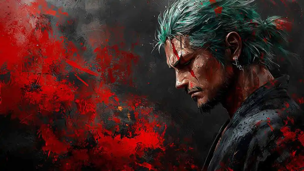 Roronoa Zoro in a dramatic, painterly wallpaper 4k featuring splashes of red and dark tones, from One Piece, HD Background free for pc & mobile phone.